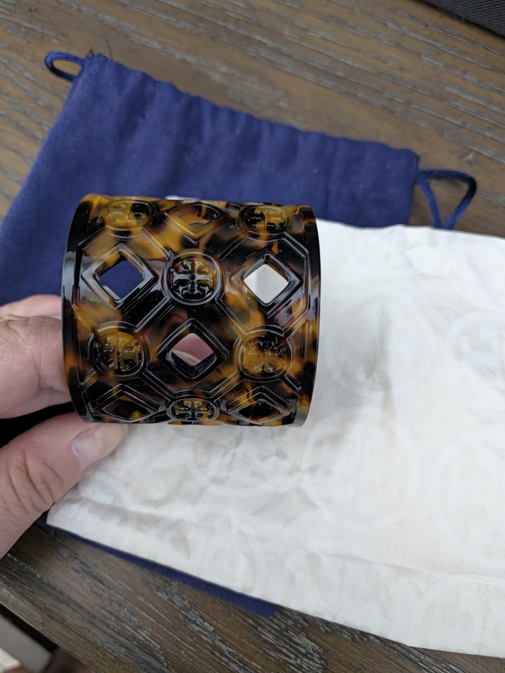Tory Burch Tortoiseshell Resin Cutout Cuff Bracelet in Amber and Black